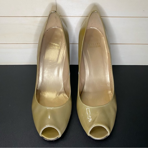 Stuart Weitzman Peep Toe Heels Patent Leather Women's Size 9.5 Shoes M Gold - Picture 7 of 10